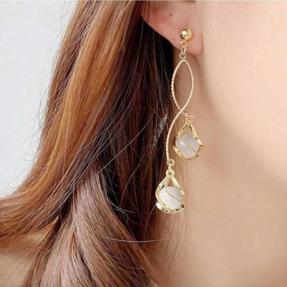Boho-Elegant Long Tassel Opal Design Earrings Stainless Steel Drop Fashion Look - Picture 6 of 15